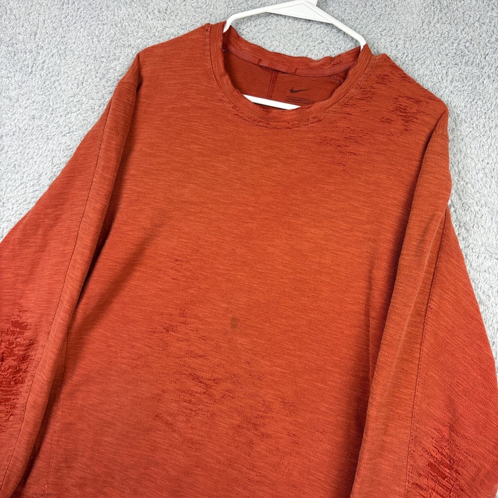 Nike Sweatshirt Mens Large Orange Distressed Slub Knit Long Sleeve Pullover Y2K